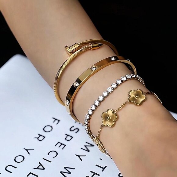 18K Gold Plated Stackable Tennis Bracelet Set Elegant Minimal Chic Adjustable - Picture 8 of 8